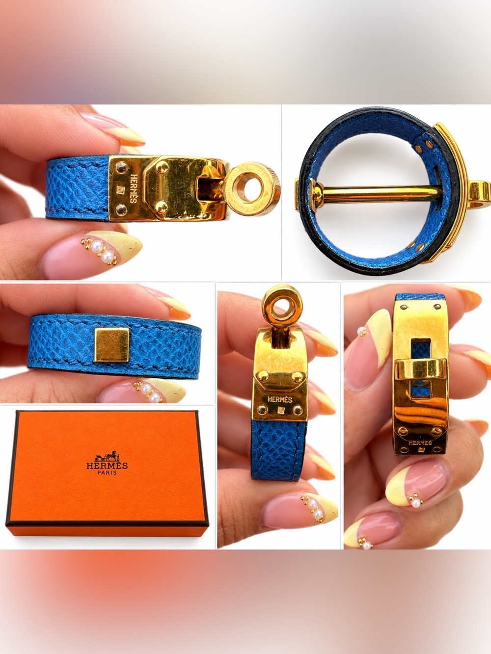 HERMES KELLY CADENA BLUE LIZARD GOLD SCARF RING